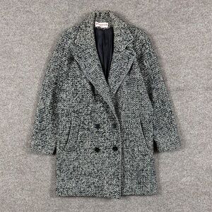 Vintage Herringbone Double Breasted Wool Pea Coat Mid Length Overcoat Womens M/L